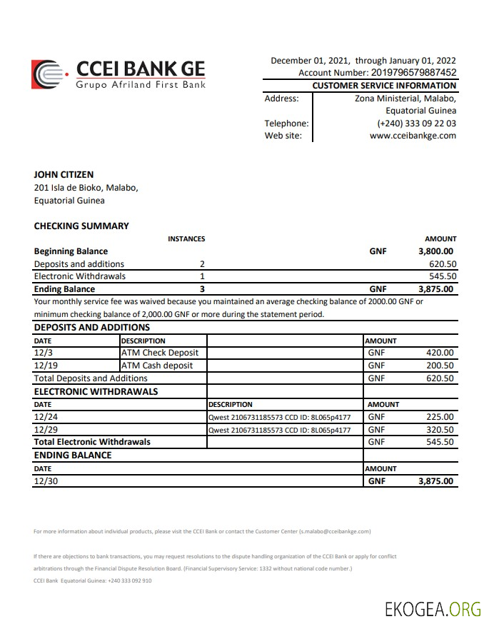 Modèle Excel et PDF de relevé bancaire CCEI de Guinée équatoriale